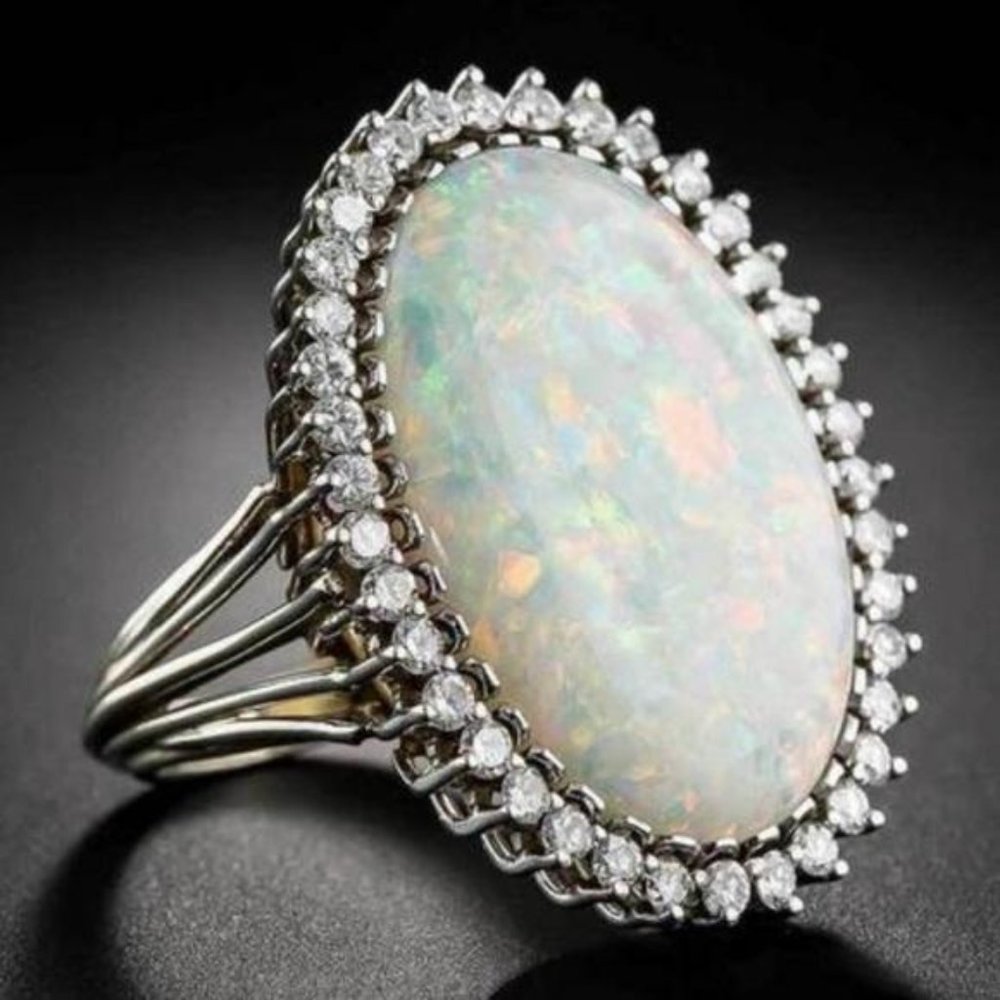 NEW HUGE OPAL DIAMOND HALO STERLING SILVER RING, CUTE RING, SHINY RING. - Picture 5 of 6